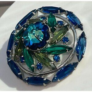 Sparkling Rivioli Designer Brooch Blue Green Glass Gemstone